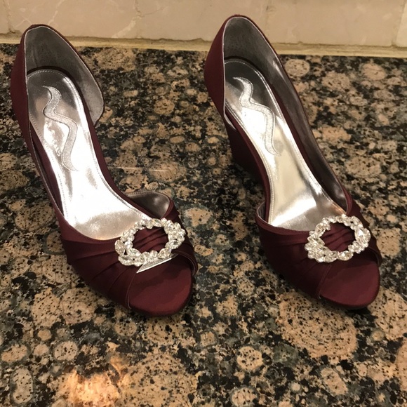 Nina Shoes - Nina Burgundy Satin Open Toe Wedge heel 8.5